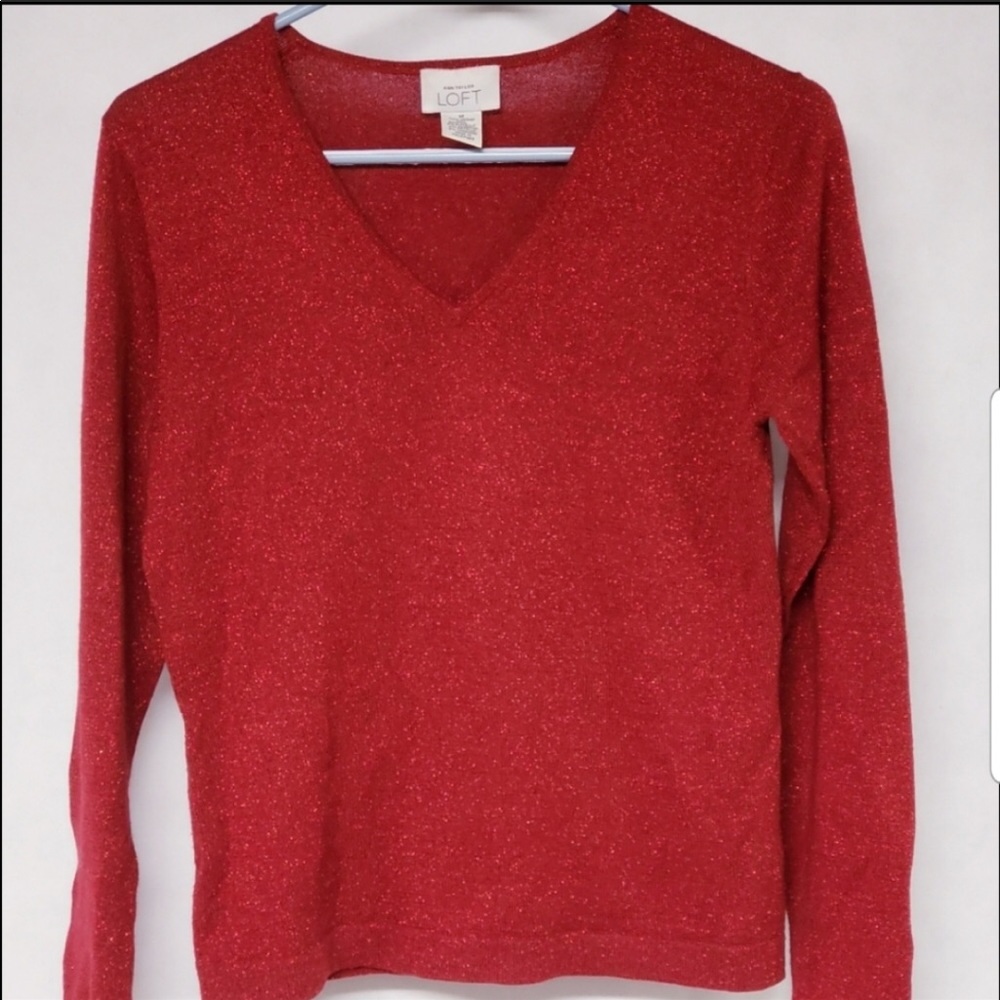 Loft Merino Wool Sweater Blouse Red Sparkle Vneck